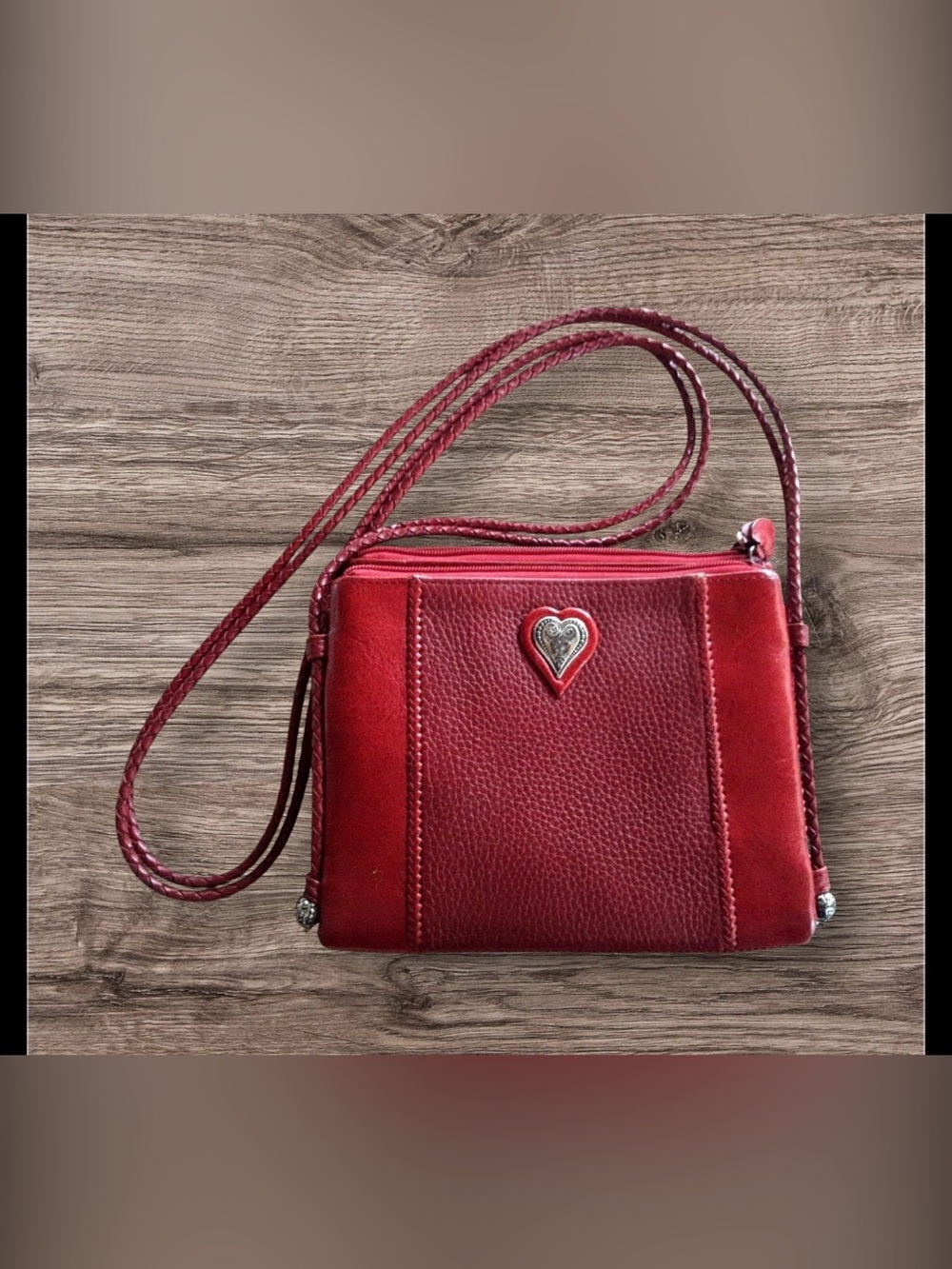 Like new! Brighton Crossbody Red Pebbled Leather Heart Braided Double Strap Bag